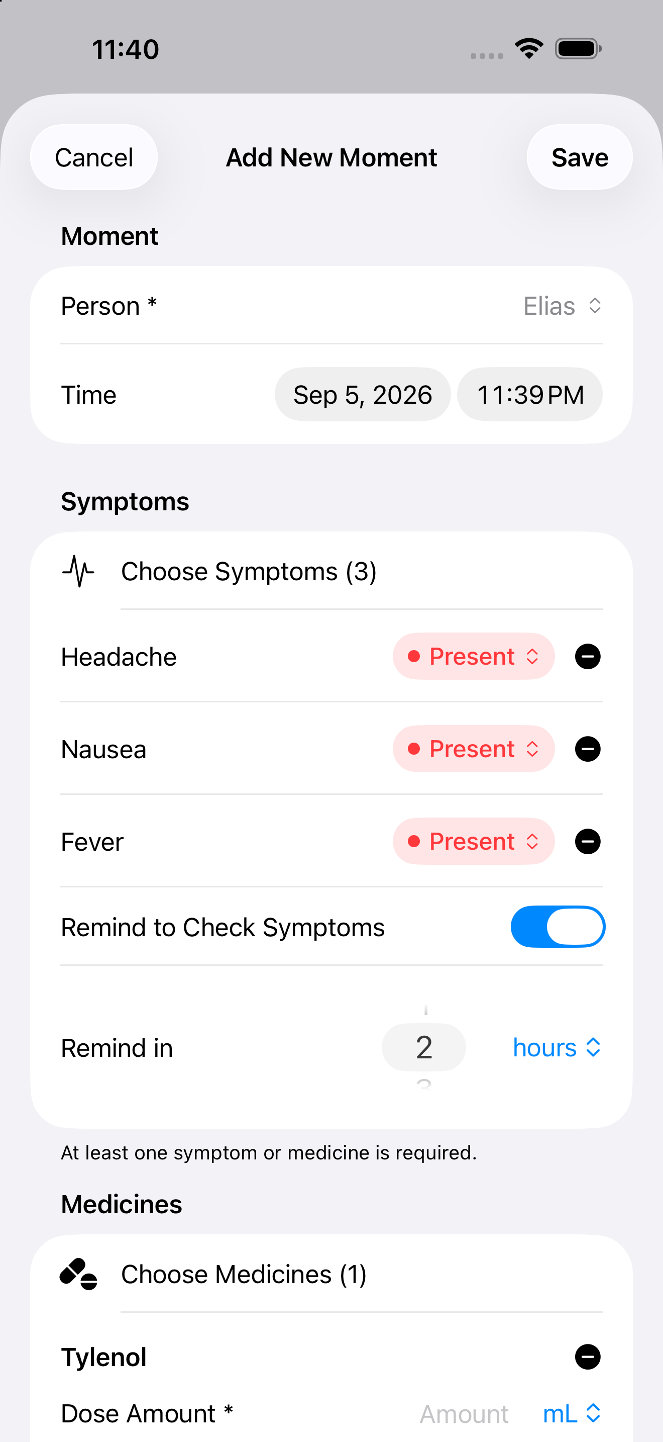 Create a Moment with symptoms and a check-in reminder